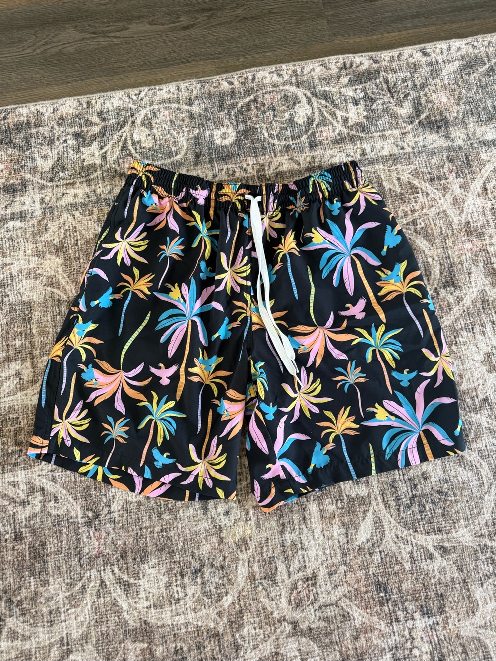 chubbies Black Swim Shorts with Yellow and Pink Tropical Print